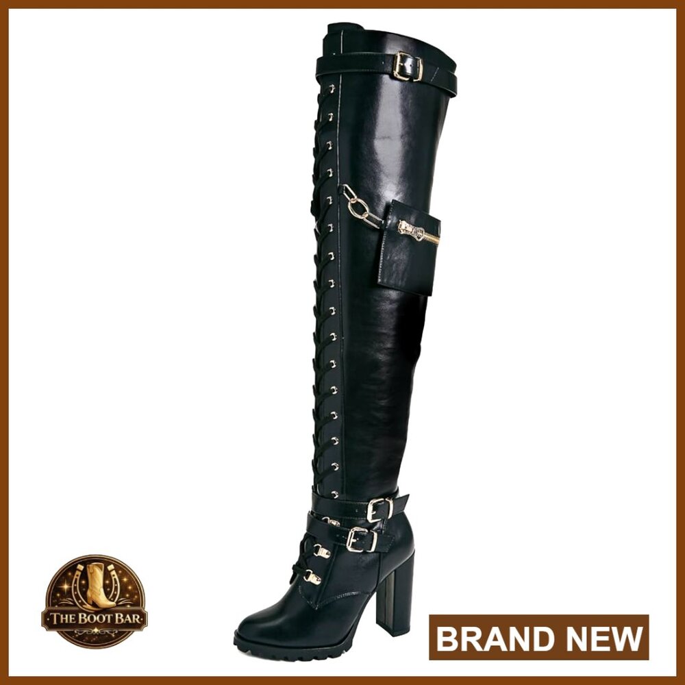 Wide Calf Thigh High Boots Chunky Block Heel Lace Up Riding Combat Boots
